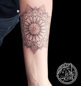 Tatouage mandala floral détaillé sur l'avant-bras, réalisé par Le Bull Tatoué au salon Lys Tattoo.