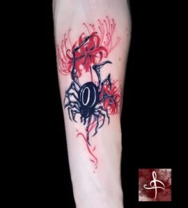 Araignée noire et fleurs rouges stylisées, contraste noir/rouge – Rhum1 Tattoo Bordeaux