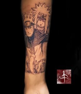 Tatouage Naruto et Jiraiya en style manga sur avant-bras, linework et dotwork, Rhum1 Tattoo.