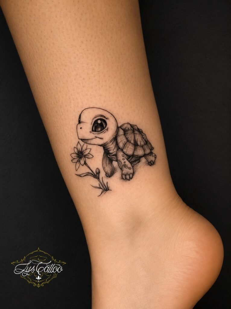 Tatouage d’une petite tortue style kawaii en noir et gris avec une fleur, réalisé sur la cheville chez Lys Tattoo à Villenave-d’Ornon.