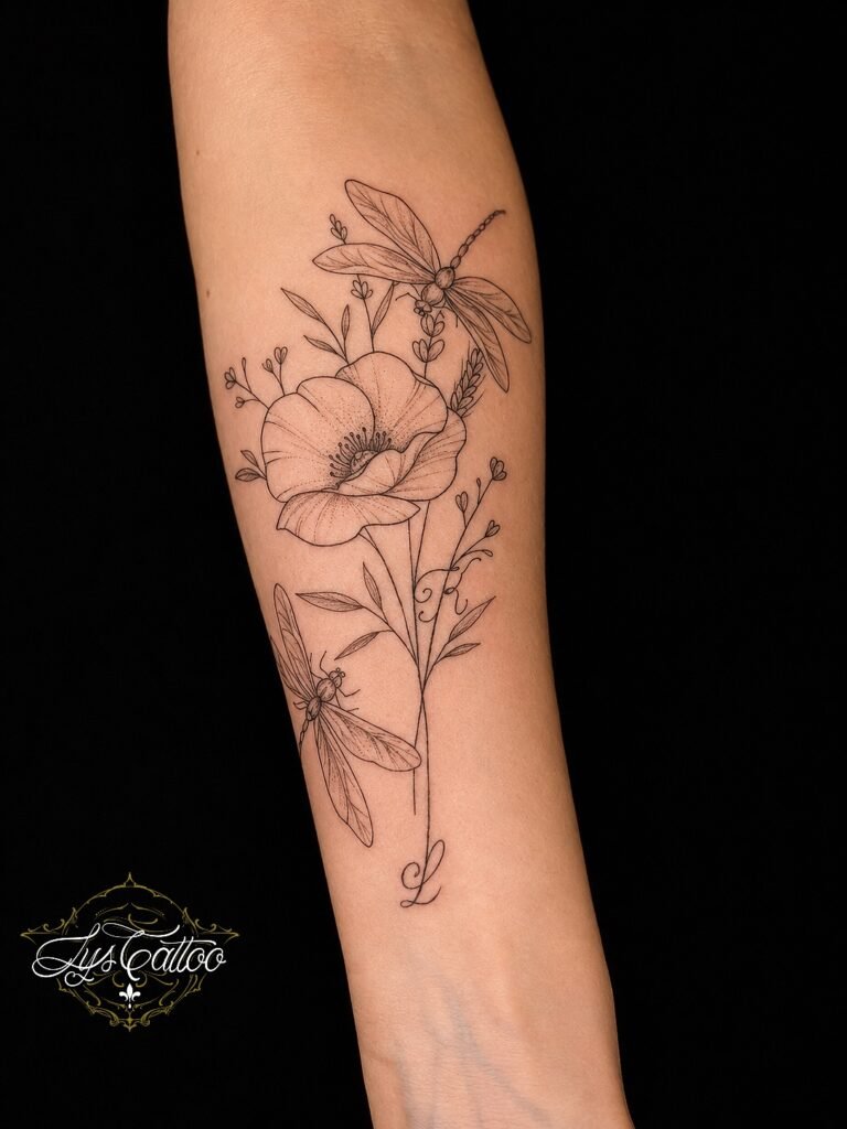 Tatouage fineline représentant un coquelicot avec deux libellules et des fleurs sauvages sur l’avant-bras, réalisé chez Lys Tattoo à Villenave-d’Ornon.