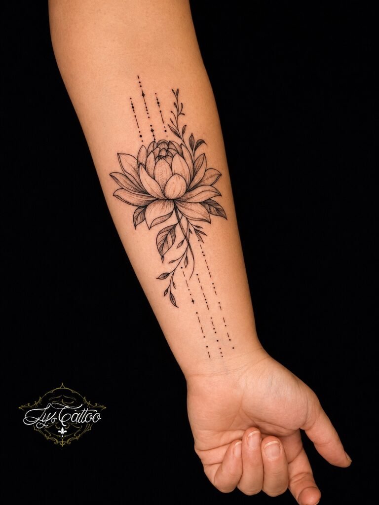 Tatouage de fleur de lotus en noir et gris avec détails géométriques sur l’avant-bras, réalisé chez Lys Tattoo à Villenave-d’Ornon.