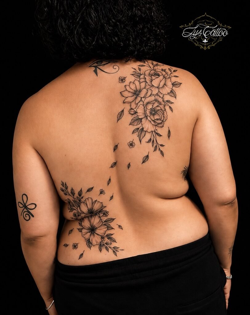 Grand tatouage floral en noir et gris composé de pivoines et fleurs ornementales sur l’épaule et le bas du dos, réalisé chez Lys Tattoo à Villenave-d’Ornon.